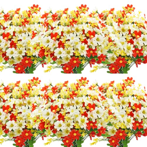 Uieke 12 Bundles Artificial Fake Flowers Outdoors UV Resistant Faux Daisy Mums Silk Flowers Bulk No Fade Shrubs Plants for Indoor Outside Home Wedding DIY Garden Porch Summer Décor (Red White) - color: White,red, size: 12