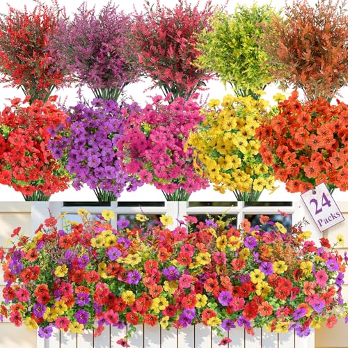 SHareconn 24 Bundles Artificial Flowers for Outdoors Decoration, Faux Plants Fake Silk Colorful Daisy Eucalyptus Lavender, UV Resistant for Outside Home Indoor Spring Decor, RedRosyPurpleYellowOrange - color: Redrosypurpleyelloworange