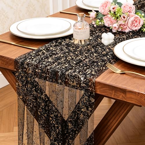 10FT Black Gold Gauze Table Runner Sheer Glitter Metallic Foil Tulle Table Runner 120 Inch Sequin Kitchen Dining Birthday Wedding Christmas Halloween Home Decor for Party - color: Black Gold, size: 10 ft × 1 pc
