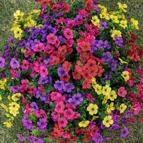 Lnoicy 20 Bundles Artificial Fake Flowers Faux Eucalyptus Flowers for Outdoor Outside,Fake Plants UV Resistant for Porch/Garden/Home Decoration（5 Color） - color: 5 Mix Color