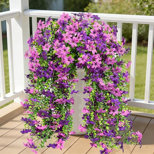 Roberly 4 Pcs Artificial Hanging Flowers for Outdoors, Realistic Faux Silk Flowers UV Resistant Fake Greenery Plants for Spring Summer Garden Porch Indoor Outdoor Home Decor, Purple - color: Purple