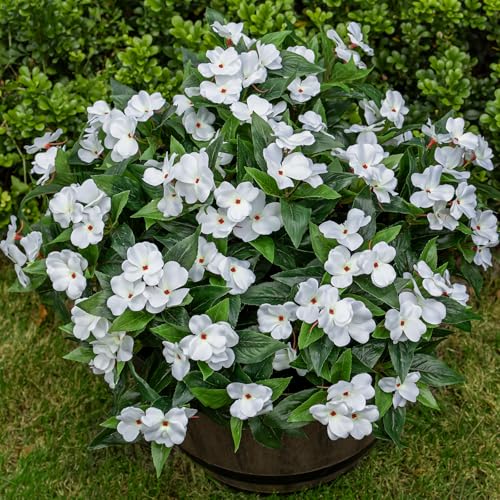 Nigirior Artificial Fake Flowers for Outdoor Décor 6 Bundles UV Resistant Fake Plants for Planter Faux Impatiens for Home Porch/Garden Stunning（White） - color: White