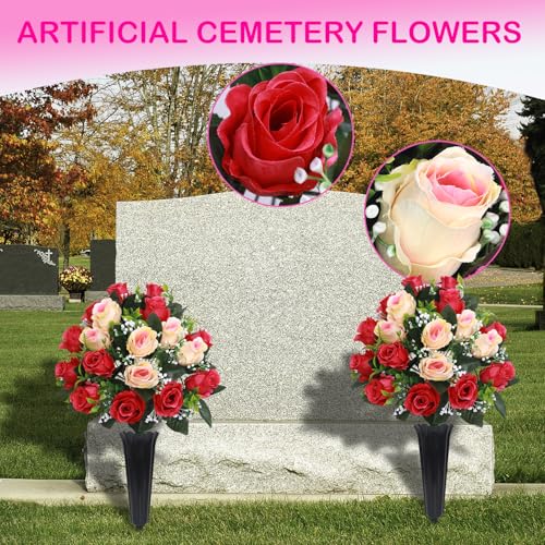 Lodou Set of 2 Artificial Cemetery Flowers, Memorial Flowers Bouquet,Grave Memorial Flowers with Vase for Cemetery Headstones Decoration (Rose red Beige) - color: Rose Red Beige