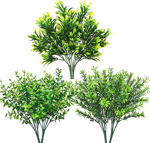 Ouddy Decor 6 Bundles Artificial Greenery Stems Mixed Fake Plastic Plants Eucalyptus Rosemary Faux Magnolia for Outdoor Indoor Garden Home Window Box Decor - color: Light Green
