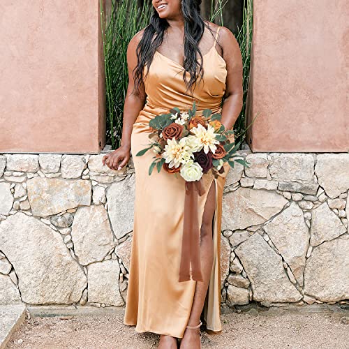 Rinlong Burnt Orange Bridesmaid Bouquet, Fall Wedding Bouquets, Terracotta - color: 15-burnt Orange & Champagne