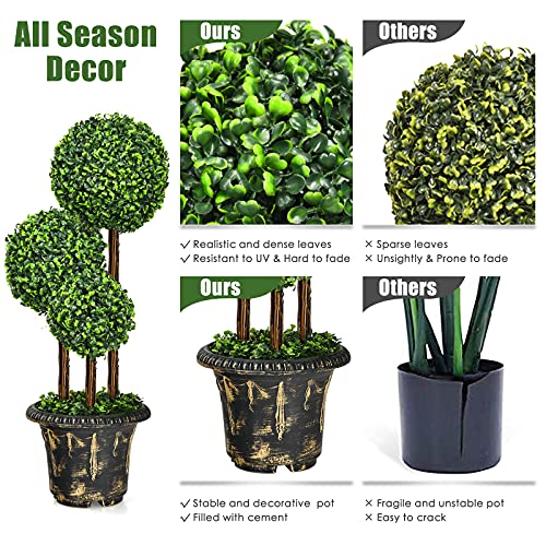 Goplus 3 Ft Artificial Boxwood Topiary Tree, 2 Pack Fake Greenery Plants Triple Ball Tree, Leaves & Cement-Filled Plastic Flower Pot Decorative Trees for Home, Office, Indoor and Outdoor Use - size: 3 Ft