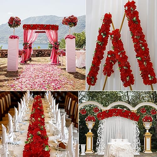 Wedding Arch Artificial Flowers - 6Pack Faux Floral Swags Silk Rose Realistic Arch Faux Hydrangea Row Arrangement for Christmas, Wedding Wall Reception Ceremony Welcome Sign Decoration -Red - color: Bright Red