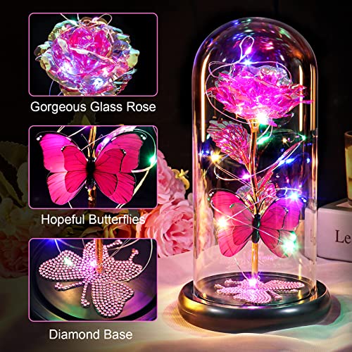 Gifts for Mom Birthday Gifts for Women Pink Rose Eternal Flower Light Up Rose in Glass Dome with Butterfly, Galaxy Crystal Flowers Gifts for Grandma Wife Daughter Her Delivery Prime - color: Light Pink