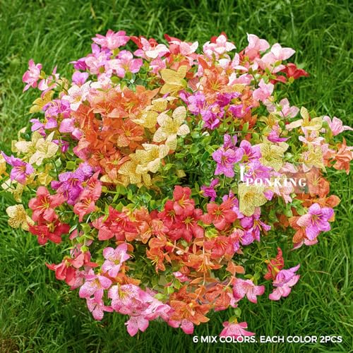 Artificial Flowers for Outdoors Patio Decoration 12 Bundles Fake Flower Lily UV Resistant Faux Plants Yard Garden Porch Home Boxwood Planter Patio Decor, Mix Pink Purple Yellow Orange Red Flower - color: B 6 Mix Colors Lily 12pcs