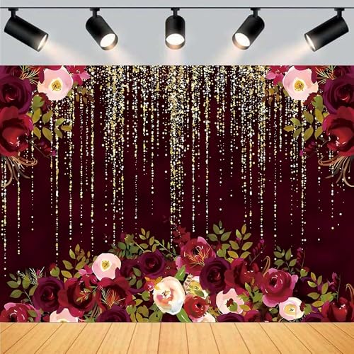 Red Rose Floral Theme Photography Backdrops Luxurious Vintage Red with Gold-Speckled Rose Backdrop Bridal Shower Wedding Anniversary Reception Ceremony Portrait Photo Booth Prop (C, 5 * 3feet) - color: C, size: 5*3feet