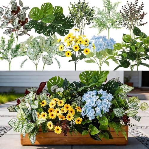 WINTS 24 Pcs Outdoor Artificial Plants UV Resistant Fake Greenery Stems Faux Shrubs for Front Porch Patio Garden Window Box Indoor Outside Home Decor