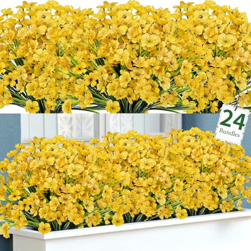 Ouddy Decor 24 Bundles Artificial Flowers for Decorations Fake Silk Plants for Outdoor Indoor UV Resistant Faux Plastic Greenery Stems for Window Garden Porch Home Spring Summer Decoration, Yellow - color: Yellow, size: 24 Bundles