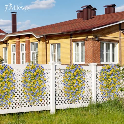 Artificial Hanging Flowers for Outdoors Spring Summer Decoration, 4PCS UV Resistant Silk Fake Hanging Plants for Patio Porch Front Yard Window Garden Indoor Decor(Blue&Yellow,4PCS) - color: Blue&yellow, size: 4PCS
