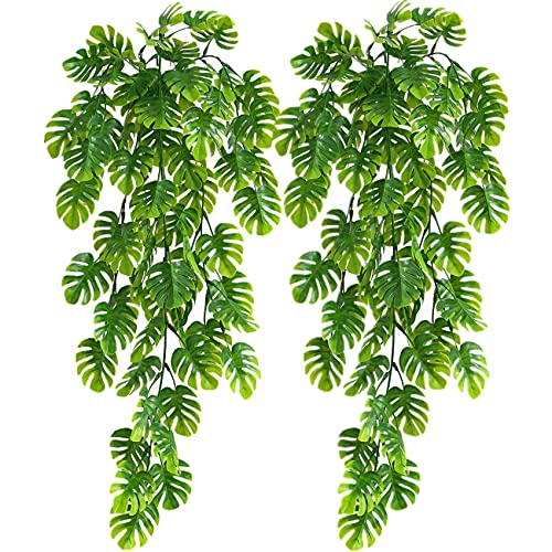 Artificial Hanging Plants 2 Pack, Monstera Leaves Fake Vine Ivy Leaf Green Rattan Greeny Tropical Palm Outdoor UV Resistant Plastic Plants for Bedroom Home Garden Office Wedding Décor - color: Monstera Vine - 2pcs