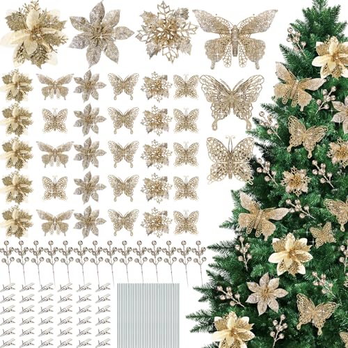 Thiccywoov 122 Pcs Christmas Glitter Poinsettia Artificial Flowers Berry Picks Butterfly Christmas Tree Ornaments 3 Styles Poinsettia kit with Clip for Xmas Wreath Home Tree Decor(Champagne) - color: Champagne