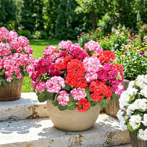 Fake Geraniums Artificial Flowers for Outdoors, 6 Bundles Silk Geraniums Flowers Realistic UV Resistant Fake Plants Faux Flowers for Outside Planters Front Door Garden Balcony Yard Porch Indoor, Mix - color: 2 Red, 2 Fuchsia, 2 Pink