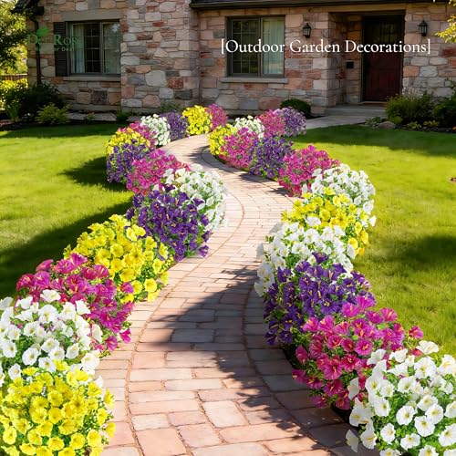 Der Rose 12 Bundles Artificial Petunias Flowers for Outdoors UV Resistant Fake Morning Glory Realistic Petunias Flowers with Trumpet Blooms for Window Box Planter Filler Porch Patio Fence Decor - color: Multi-color D
