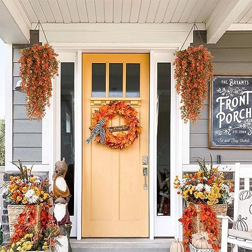 RECUTMS 4 Pcs Fake Fall Eucalyptus Hanging Plants 29.9Inch Artificial Fall Baskets UV Resistant Plastic Greenery for Outdoor Home Room Garden Farmhouse Front Porch Wall Thanksgiving Party Indoor Decor - color: Orange