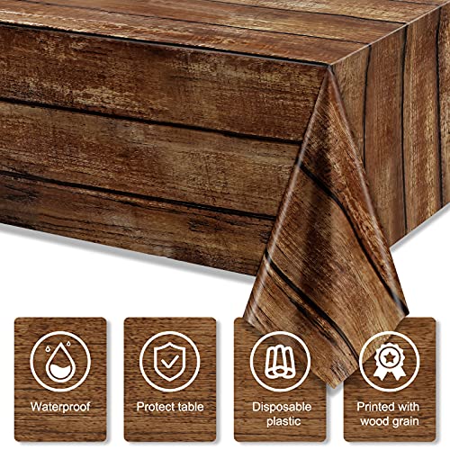 Irenare 3 Pcs Brown Wood Grain Tablecloths Rustic Plastic Table Covers for Rectangle Table, Vintage Farmhouse Tablecloth Decorations for Western Barn Birthday Wedding (54 x 108 Inches) - size: 54 x 108 inches