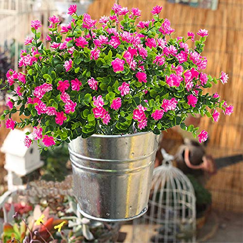 Grunyia 10 Bundles Artificial Fake Flowers, Faux Outdoor Plastic Plants UV Resistant Shrubs Outside Indoor Decorations (Pink-Eucalyptus) - color: Pink-eucalyptus