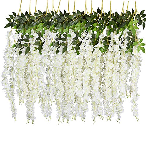 DearHouse 6 Pack Artificial Fake Wisteria Vine Ratta Hanging Garland, 3.75 Feet/Piece Silk Flowers String Home Party Wedding Decor (6PCS-Large White Wisteria) - color: White