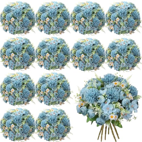 Tigeen Peonies Artificial Flowers Faux Roses Silk Flowers Hydrangea Artificial Bouquet for Wedding Table Centerpiece Floral Vase Home Office Bridal Decor(Mist Blue,12 Bundles) - color: Mist Blue