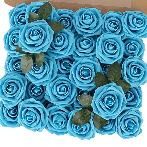 MACTING Artificial Flower Roses 30PCS Real Touch Fake Foam Roses with Stem Fake Flowers for DIY Wedding Bridal Bouquets Party Baby Shower Home Indoor Outdoor Spring Mothers Day Decor(Dark Teal Blue) - color: Dark Teal Blue, size: 30PCS
