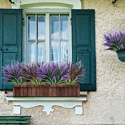 8 Pcs Outdoor Fake Plants UV Resistant Artificial Tall Grass Plants Faux Tropical Flowers Bushes Fall Winter Summer Planters Yard Patio Front Porch Décor Plastic Greenery Shrubs Decoration - color: Light Purple Grass Plant, size: 8pcs