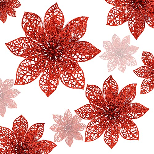 Wironlst 24 Pieces Glitter Poinsettia Flowers Christmas Tree Ornaments, Glitzy Poinsettia Bushes Christmas Decorations for Xmas/Holiday/Seasonal/Wedding (Red) - color: Red