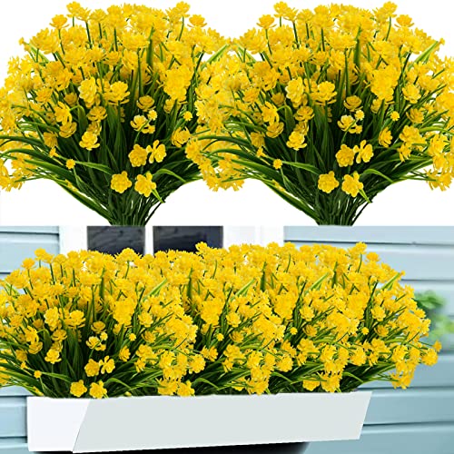 Outdoor Artificial Fake Flowers - 8 Bundles Plastic Flowers Outdoor Plants UV Resistant Faux Flowers for Indoor Outdoor Garden Hanging Porch Window Box Wedding Decor(Yellow) - color: Yellow, size: 8 Bundles