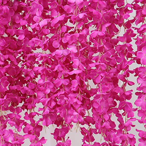 Duovlo 12 Piece Artificial Silk Wisteria Vine 3.6 Feet Ratta Hanging Flower Garland String Home Party Wedding Decor (New Rose Red) - color: Dark Rose Red