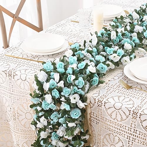 BLEUM CADE 12Pcs 98.4Ft Flower Garland Artificial Rose Vines with 98.4Ft String Lights, Cute Fake Hanging Flower Vines Floral Garland Decorations for Wedding Party Wall Room Decor Aesthetic - color: Blue & White With Lights, size: 12 Pcs