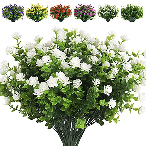 RECUTMS Artificial Flowers, Fake Boxwood Outdoor UV Resistant Plants Artificial Springs Flowers Eucalyptus Greenery Shrubs Bridal Wedding Bouquet for Home Garden Party Wedding Decoration,8Pcs(White) - color: White, size: 8 Pcs