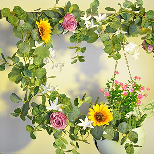 Naidiler Eucalyptus Garland with Flowers, Spring Decor for Mantle, Wedding Arch & Fireplace - color: Purple Yellow