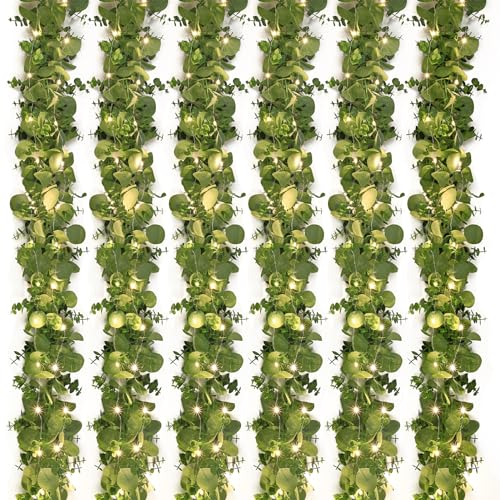 Dolicer 6 Packs 6FT Artificial Eucalyptus Garland with LED Light String, Faux Greenery Garland Hanging Fake Silver Dollar Eucalyptus Leaves Vines for Wedding Backdrop Arch Table Wall Party Home Decor - color: Grey Green With Light, size: 6 Packs