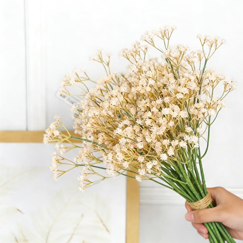 10 Pcs Babys Breath Champagne Artificial Flowers, Real Touch Gypsophila Fake Flowers for Wedding, Home Decor, Vase Filler, Table Centerpieces, Party Decorations - color: 10pcs Champagne