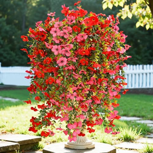 6 Bundles Artificial Flowers for Outdoors, UV Resistant Fake Hanging Flower, Realistic Silk Flowers for Indoor Outside Garden Patio Balcony Farmhouse Porch (Red, Fuchsia) - color: Red&rose Red