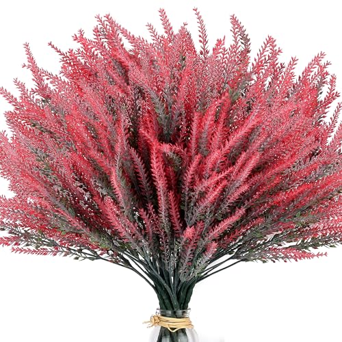 15 Bundles Artificial Lavender Outdoor Flowers Fake Plastic Flower Outside UV Resistant for Home Kitchen Garden Patio Porch Wedding Window Box Centerpieces Indoor Outdoor Decor(Red) - color: Red