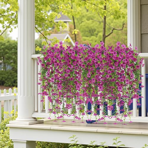 Artificial Fake Hanging Flowers Plants Spring Summer Decoration for Outdoor, 4PCS Faux Silk Daisy Flowers with Eucalyptus Leaves UV Resistant Realistic Planter Porch Patio Balcony Yard Decor (Purple) - color: Purple