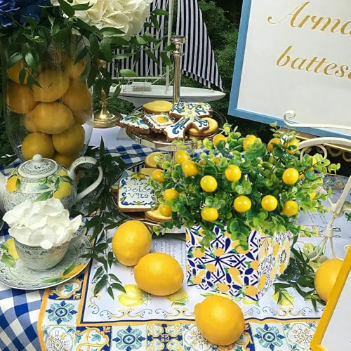 6 Sets Blue Tiles Lemon Table Centerpiece Decor Box and Artificial Lemon Branches Amalfi Coast Capri Positano Lemon Party Supplies for Capri Mediterranean Wedding Birthday Baby Shower Party Decor - color: Yellow White-b