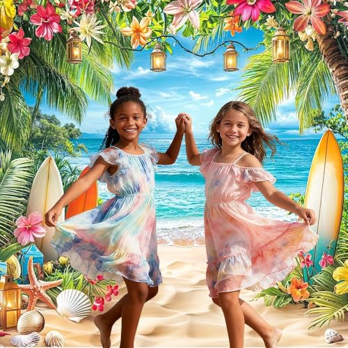 Summer Beach Ocean Backdrop, Tropical Hawaiian Palm Trees Flower Photography Background, Blue Sea Sky Luau Aloha Party Wedding Baby Birthday Bridal Shower Decoration Banner Photo Booth 5X3FT - color: Yellow, size: 5X3FT