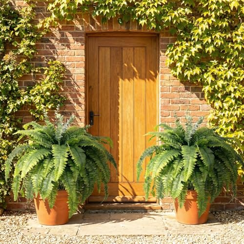 Artificial Ferns for Outdoors, 2 Pack 38IN Fake Ferns for Artificial Plants Large with 55 Fronds and 5 Long Eucalyptus Stems, Faux Ferns for Hanging Basket Porch Garden Home Decor