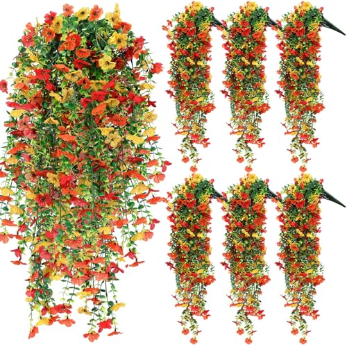 6 Pcs Fall Artificial Hanging Flowers Outdoor Faux Silk Mum Plant Decor Violet with Eucalyptus Realistic UV Resistant Trailing Vine Autumn Thanksgiving Porch Yard(Warm Color, Violet) - color: Bright Color, style: Violet