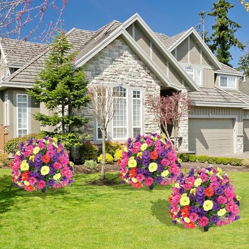 Artificial Boxwood Topiary Ball Trees with Ground Spikes UV Resistant Faux Greenery Shrubs Fake Shrubs for Outdoors, Realistic Faux Plants Bushes for Garden Porch Yard Patio Decor (Multi Flower) - color: Multi Flower