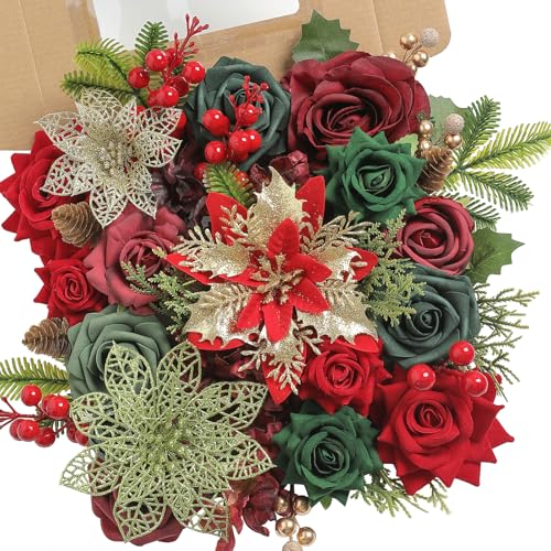 YYHUAWU Christmas Flowers Artificial,Poinsettias Artificial Christmas Flowers and Mix Silk Flowers Fake Roses Combo for DIY Wedding Bridal Bouquet, Centerpieces, Home, Floral Arrangement Decor, etc. - color: Chrismas Red