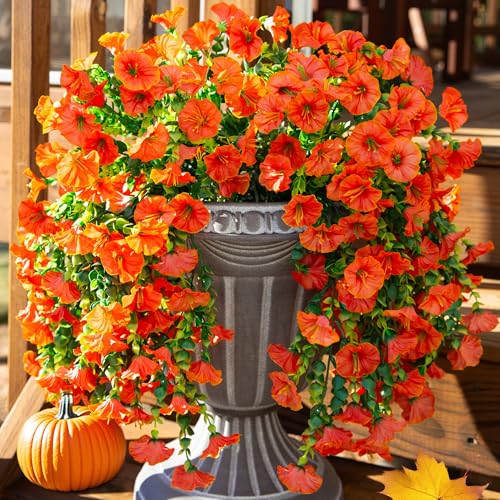 Ivydale 2 PCS Artificial Fall Hanging Flowers Fake Plants Outdoor,Silk Morning Glory Faux Flowers with Eucalyptus,UV Resistant Realistic Petunias Plants for Home Garden Decor (Orange(Leaves Green)) - color: Orange(leaves Green)