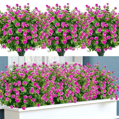Bassion 20 Bundles Artificial Flowers for Outdoors, UV Resistant Faux Plants Outdoor Indoor Fake Flowers Plastic Greenery Shrubs Eucalyptus Stems for Garden Fence Patio Window Box Porch Pot Decor - color: Magenta