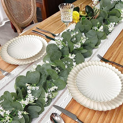 KHOYIME Eucalyptus Garland with White Flowers, 4 Packs 5.9Ft Artificial Silver Dollar Eucalyptus Leaves Plant Fake Greenery Hanging Ivy Vines Faux Wreath for Wedding Arch Party Mantle Table Home Decor - color: 4pcs