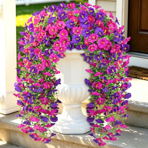 Artificial Flowers for Outdoors, 6-Pack 420 Blooms UV Resistant Hanging Morning Glory Silk Flowers Vines, Realistic Fake Plants Outside Decroation for Porch Patio Balcony Yard Garden (Purple + Lotus) - color: Purple+lotus