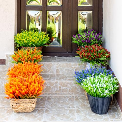 AXYLEX Artificial Flowers for Outdoors Plants - 20 Bundles Fake Lavender Plastic Faux Monkey Grass UV Resistant for Home Decorations (20, Red) - color: Red